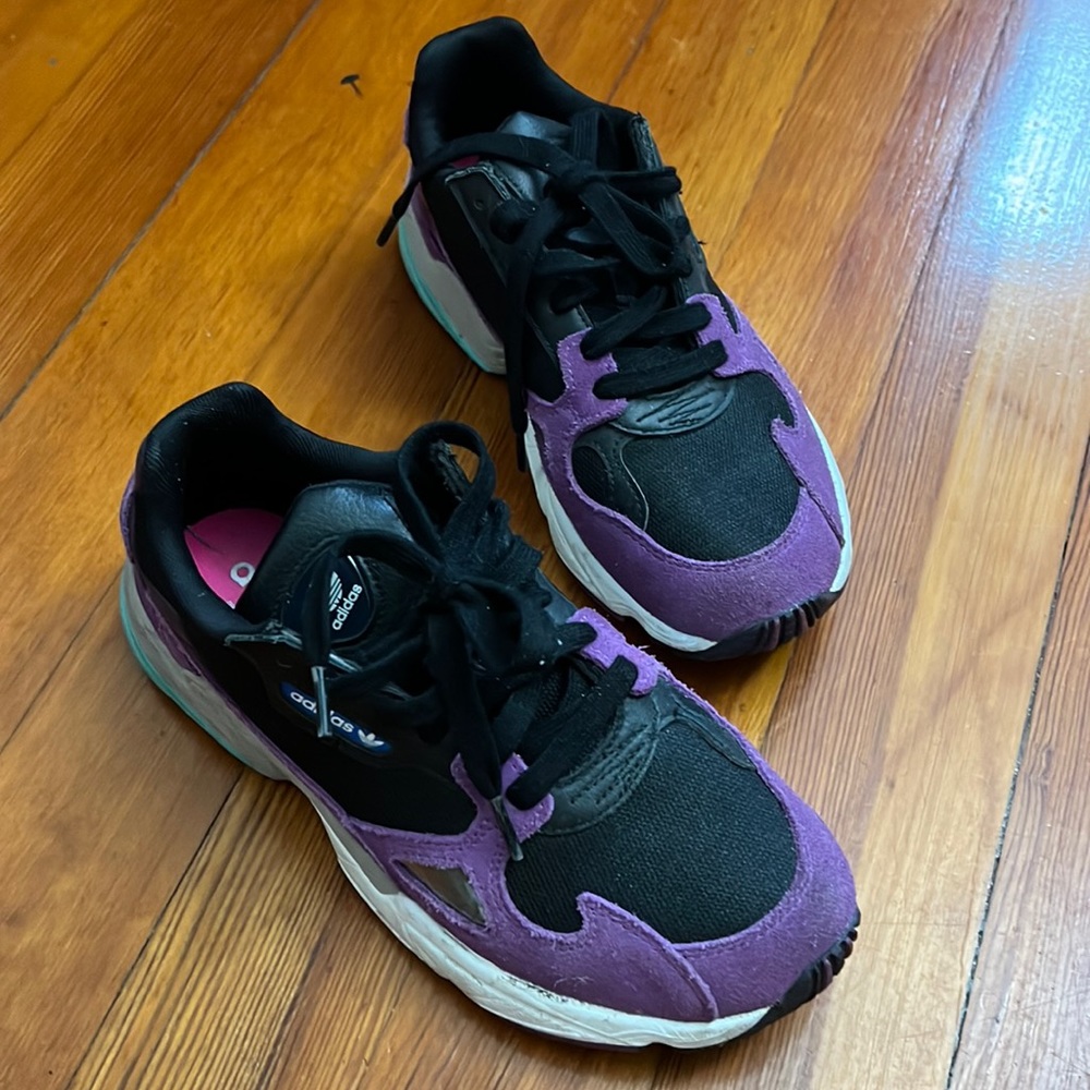 Black and purple falcon adidas shoes